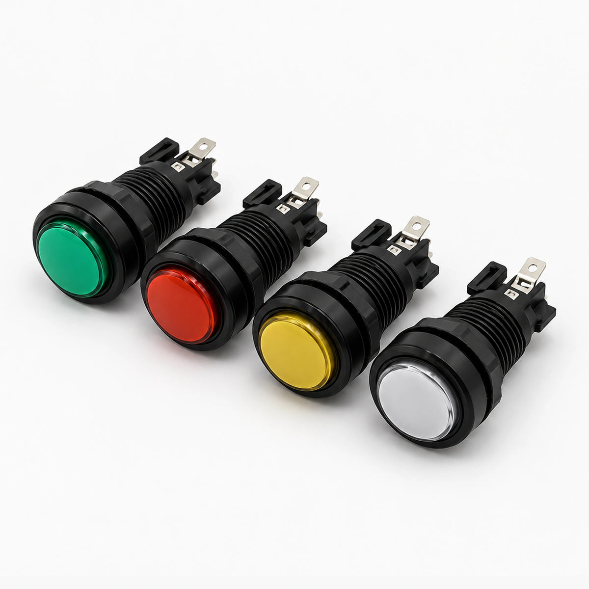 32mm illuminated arcade buttons with black bezel, threaded body and locking nut, side view
