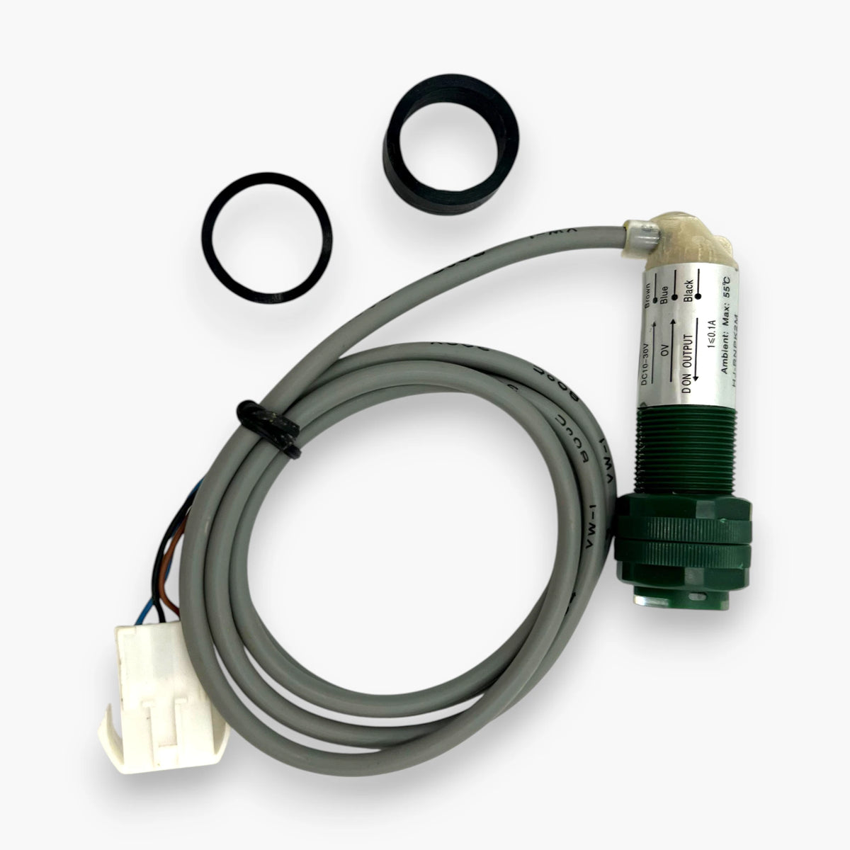RNPK2M scoring sensor wiring label: brown 10-30V DC, blue 0V, black NPN output