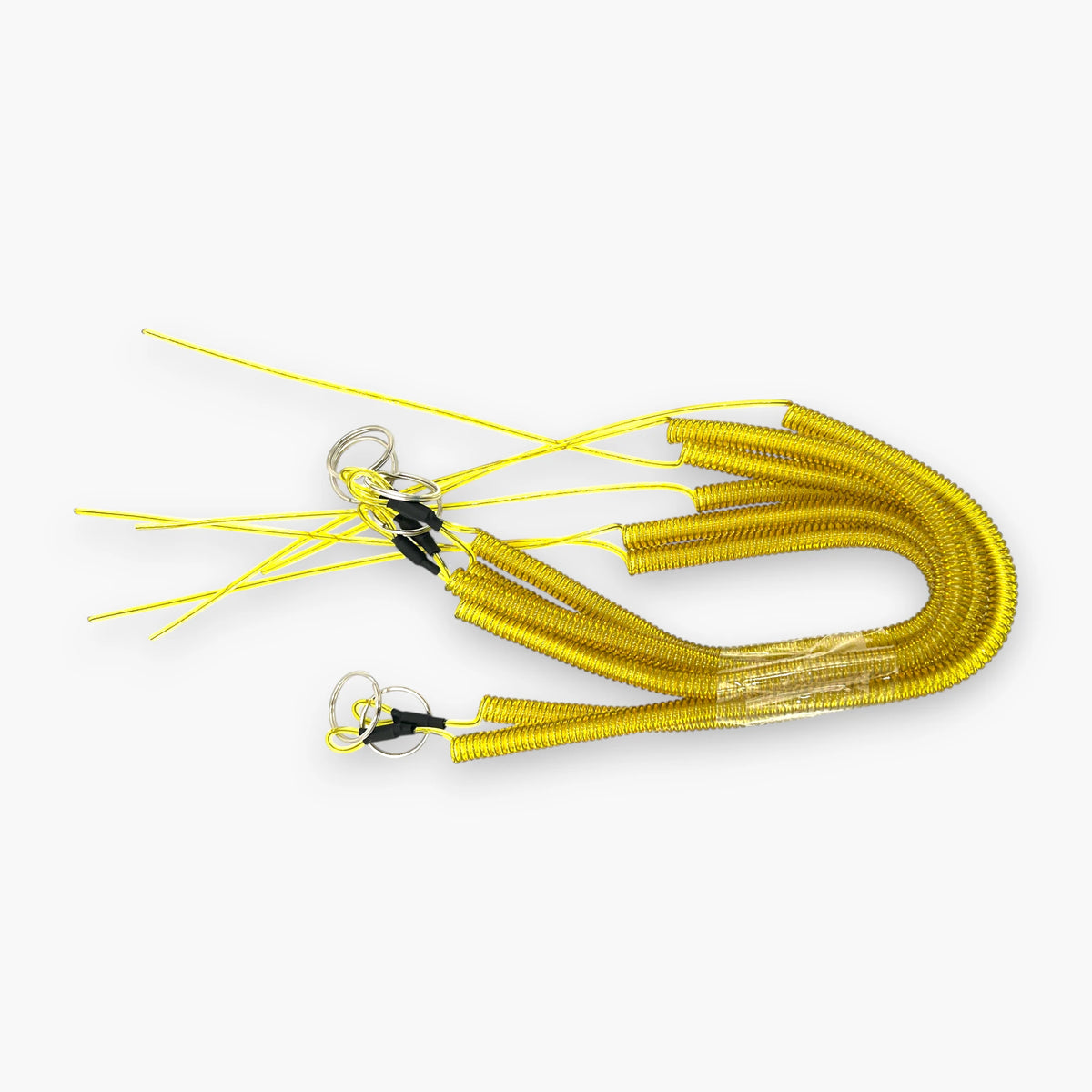 Set of 5 yellow coiled disc lock reminder cables with split key rings and wire tails