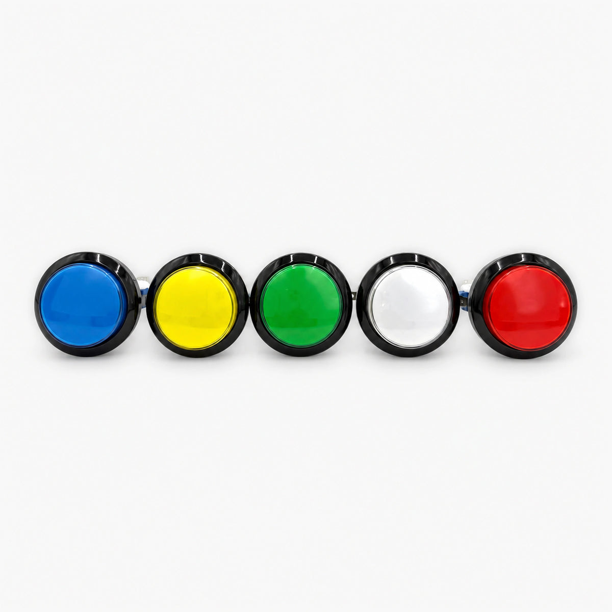 Set of 5 LED arcade push buttons in assorted colors, front view
