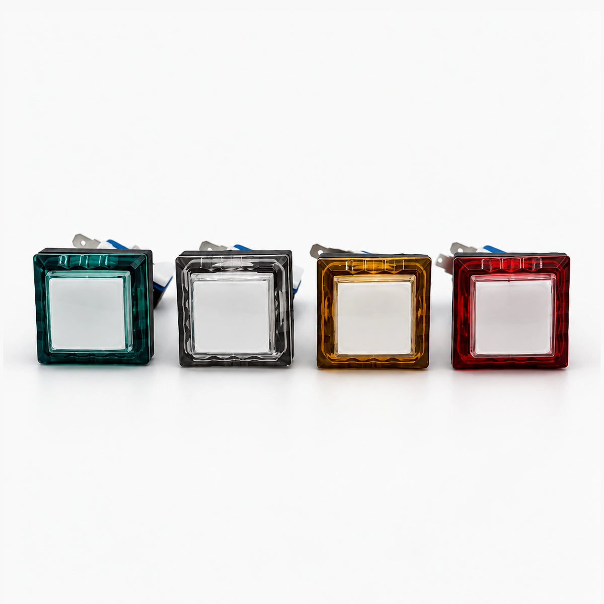Four arcade push button assemblies with square translucent caps and black trim.