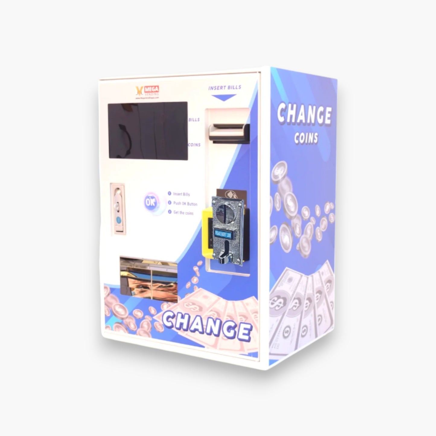 Bill and Token Change Machine to Coins or Quarters