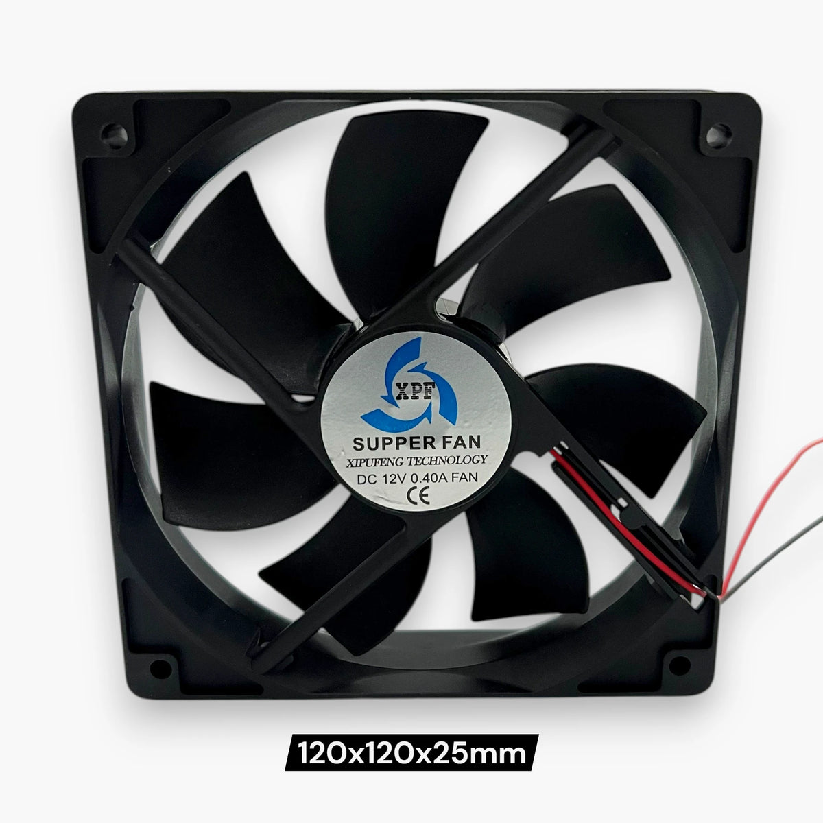 XPF 120mm 12V DC cooling fan, 0.40A, with 2-wire red and black leads