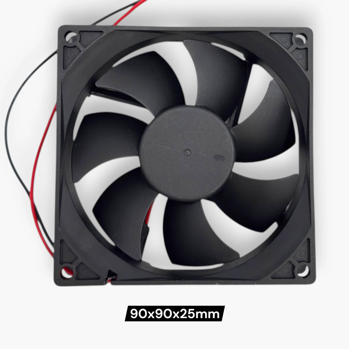 XPF 90mm 12V DC cooling fan, 0.20A, with 2-wire leads and mounting holes-back view