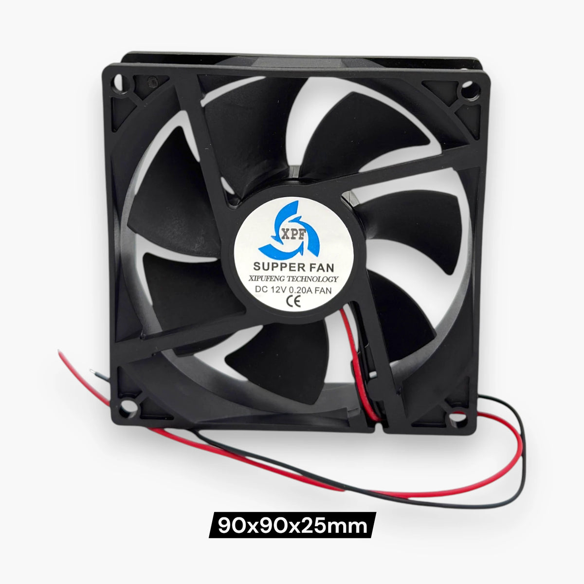 XPF 90mm 12V DC cooling fan, 0.20A, with 2-wire leads and mounting holes