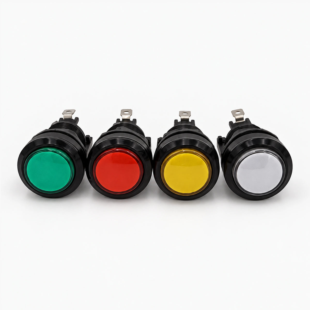 Set of 4 32mm LED arcade push buttons in green, red, yellow and white, front view