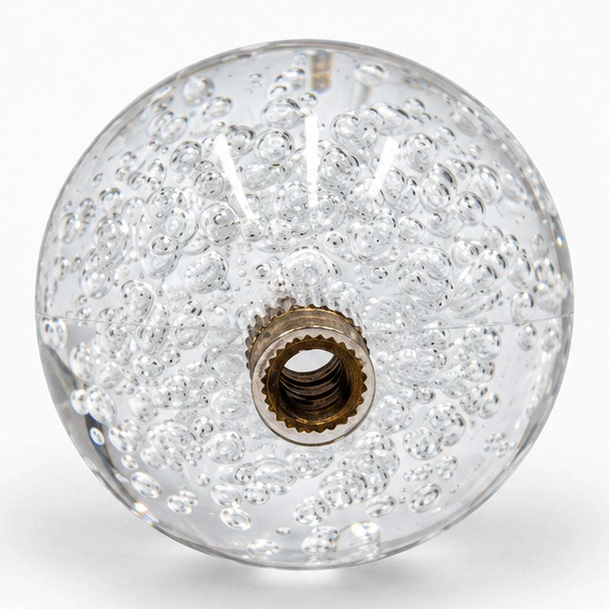 Crystal white joystick ball showing its threaded mounting hole and bubble-filled interior.