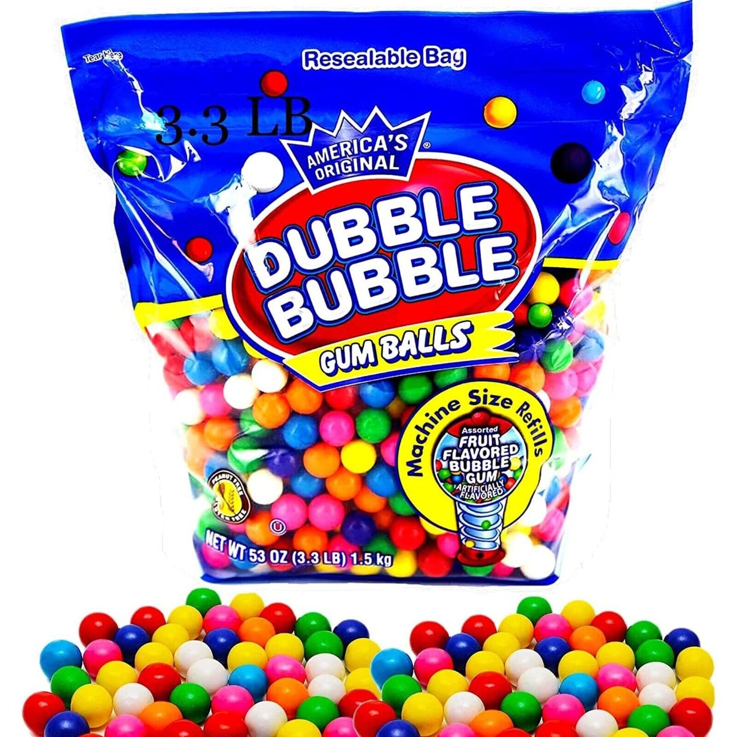 Dubble Bubble Gum Balls Machine Size (0.5"/ 13mm) Fresh Gum Ball Refills, 3.3 Lb