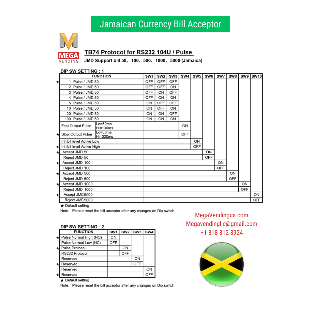 TOP TB74 Jamaican Currency Bill Acceptor Validator 4way 12V/PULSE (Lot of 6 pcs)