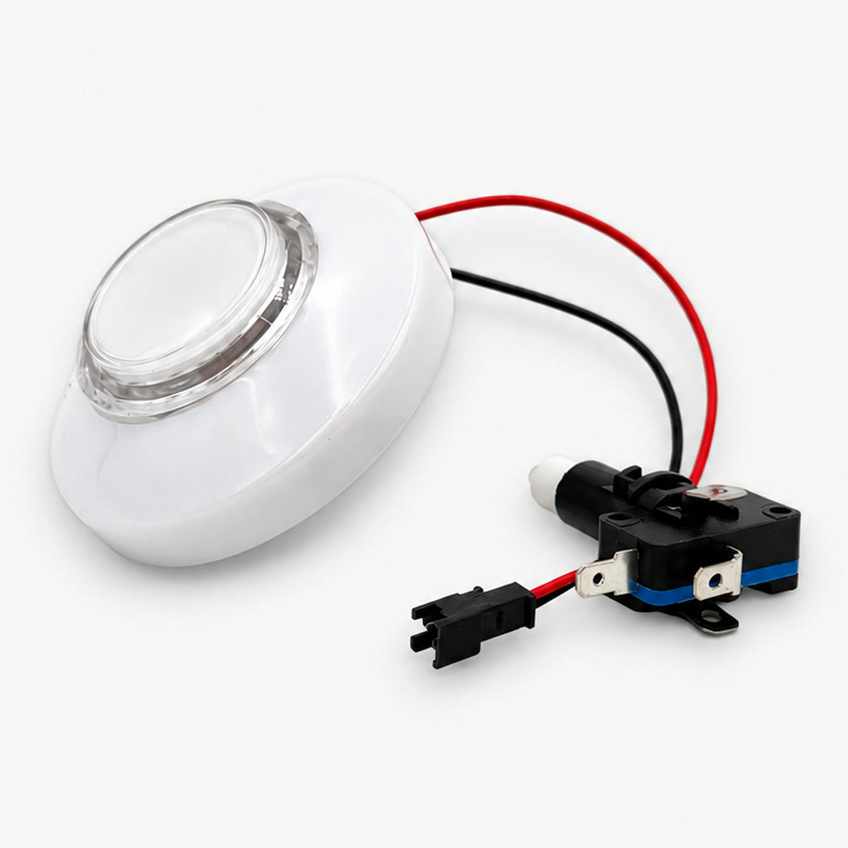 75mm white RGB arcade push button with micro switch and red-black wire connector, angled view
