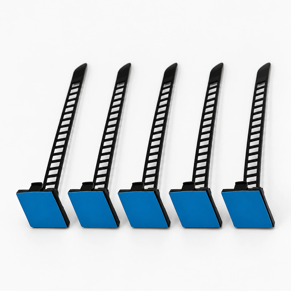 Black adjustable adhesive cable tie mounts with ladder strap and blue adhesive liner