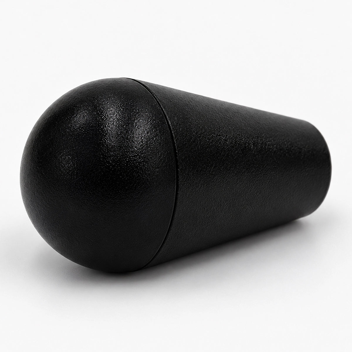 Black oval joystick handle with a rounded top, molding seam, and brass-colored internal thread.