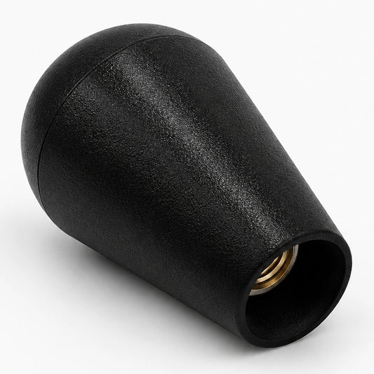 Black oval arcade joystick handle showing its recessed metal threaded insert.