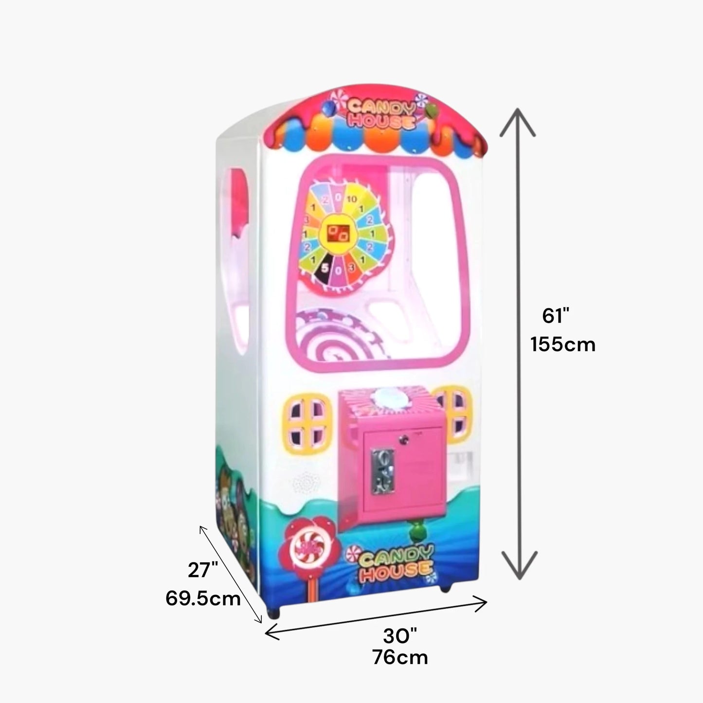 Candy House Lollipop Prize Machine – 30 x 27 x 61 Inches, 286 lbs, 110V, Reconditioned 