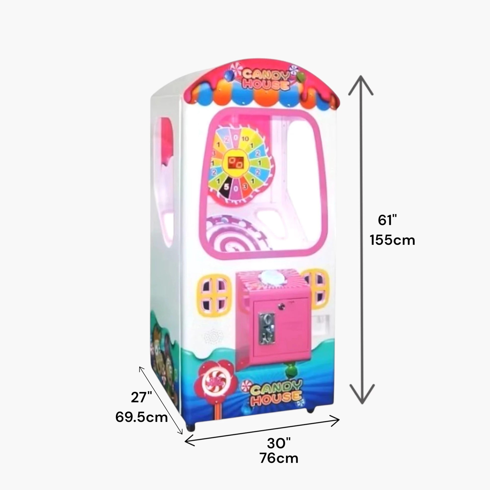 Candy House Lollipop Prize Machine – 30 x 27 x 61 Inches, 286 lbs, 110V, Reconditioned 