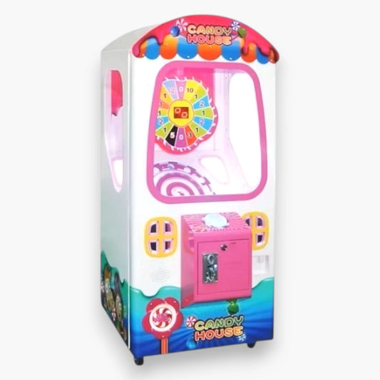 Candy House Lollipop Prize Vending Machine – White Pink Cabinet, Colorful Spinning Wheel, Candy Themed Design