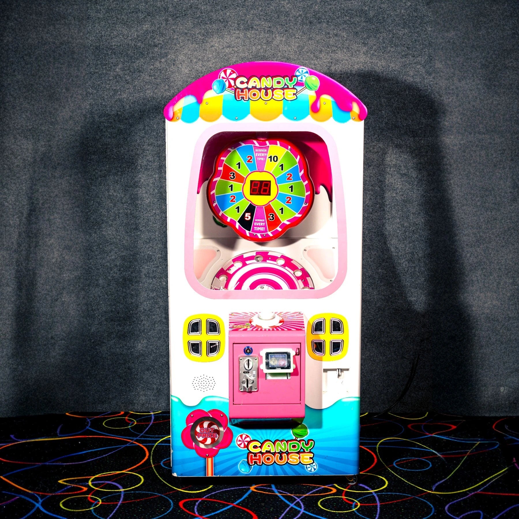 Candy House Prize Machine – Colorful Numbered Spinning Wheel 0 to 10, Stop the Wheel to Win Lollipops