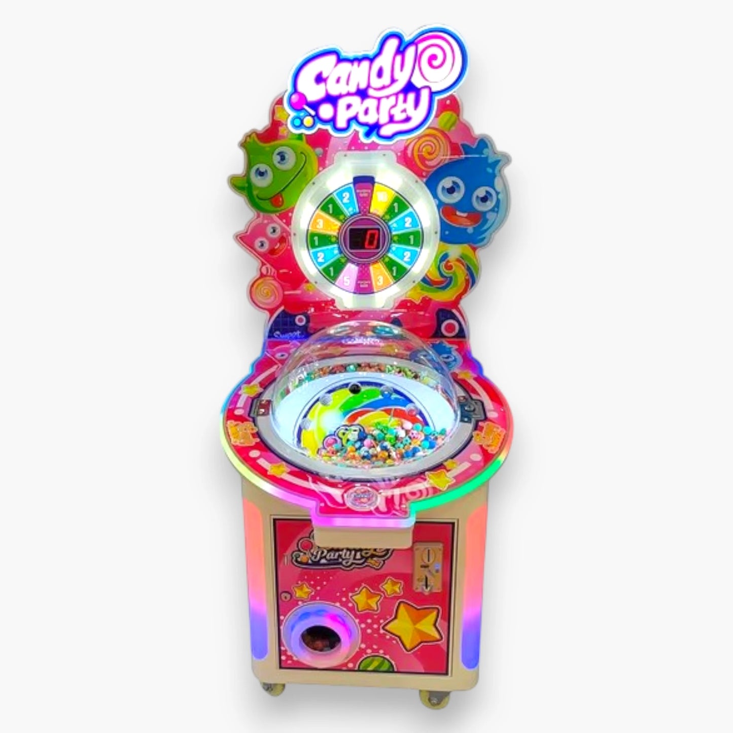 Candy Party Lollipop Prize Vending Machine – Spinning Turntable, Transparent Candy Display, LED Marquee Lights