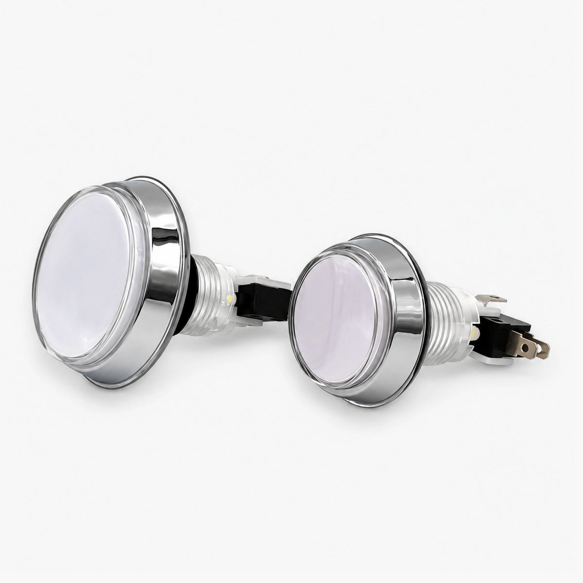 Side view of 47mm and 60mm white arcade buttons with chrome bezel