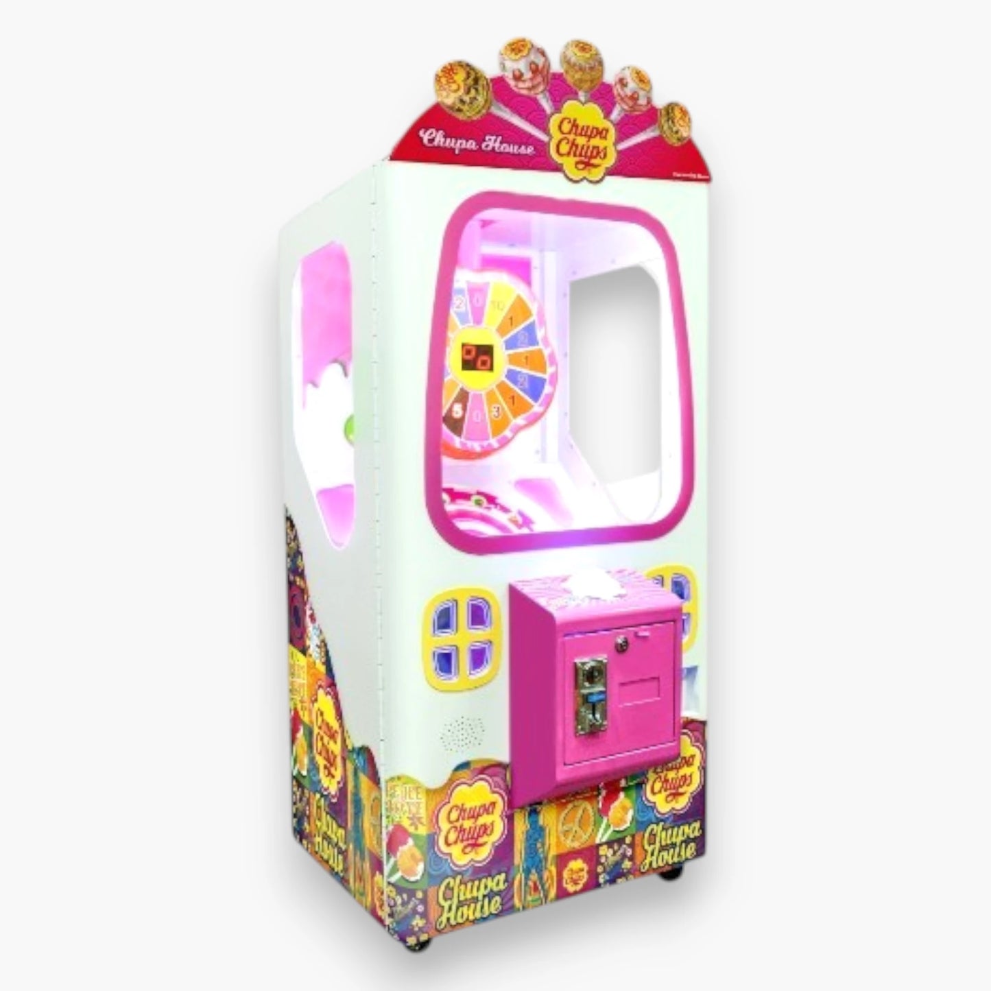 Chupa House Lollipop Prize Vending Machine – Coin Operated, LED Lights, Always Win Function, Metal Cabinet