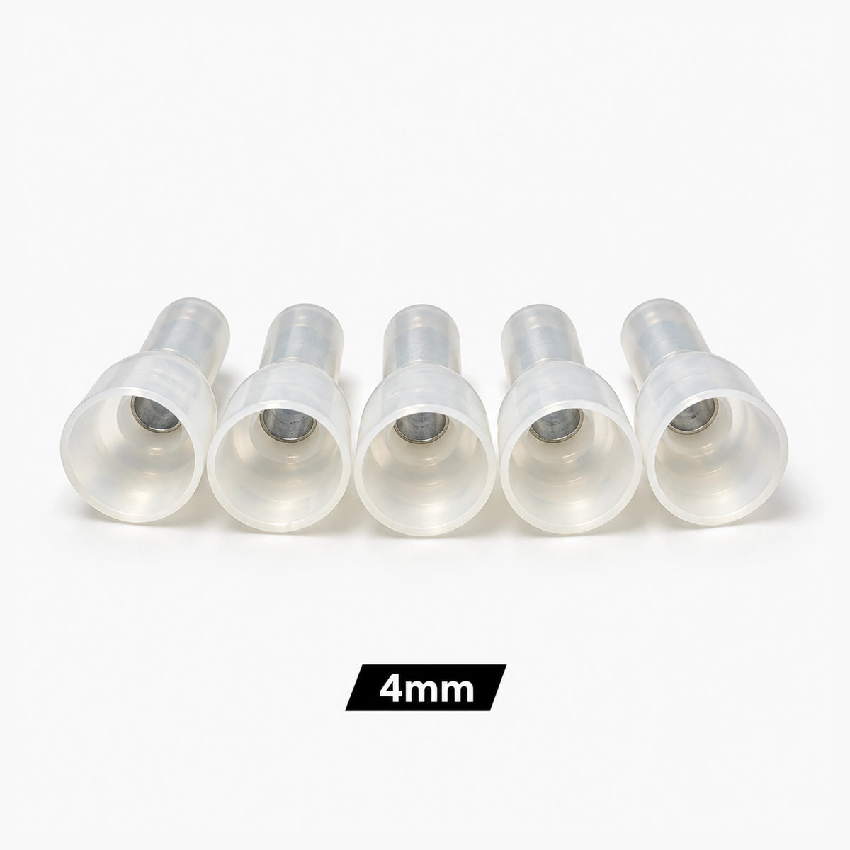 Clear insulated closed end crimp connector side view with metal core visible 4mm