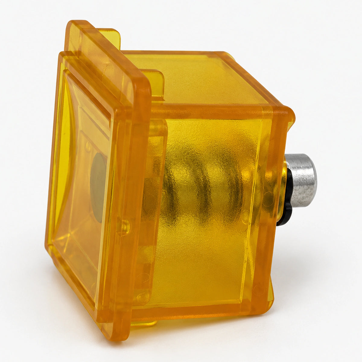 Yellow coin door reject button with molded support ribs and a rectangular front flange.