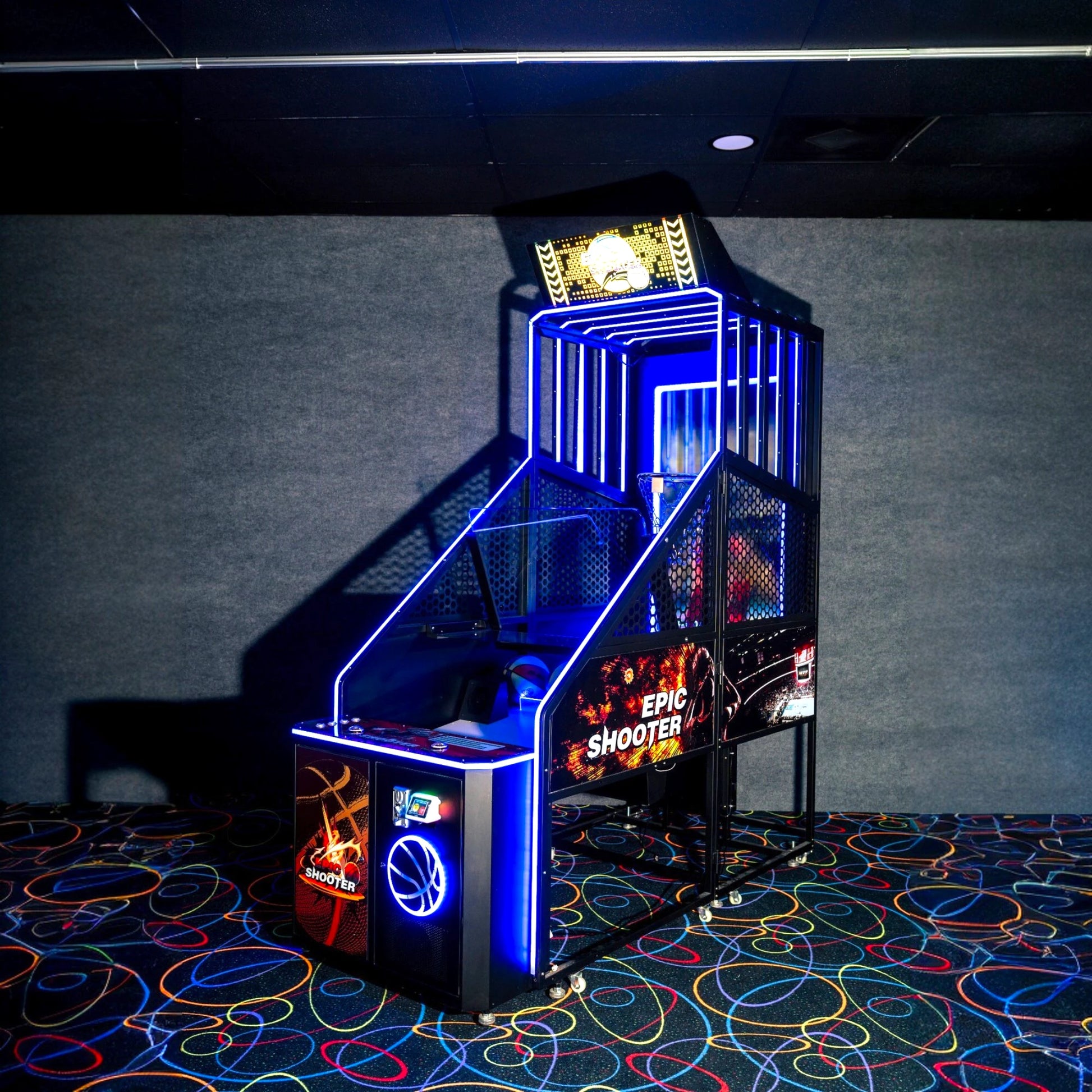 Epic Shooter Arcade Machine – Bright Blue LED Surround Lighting, Basketball Logo Neon Design, Premium Cabinet