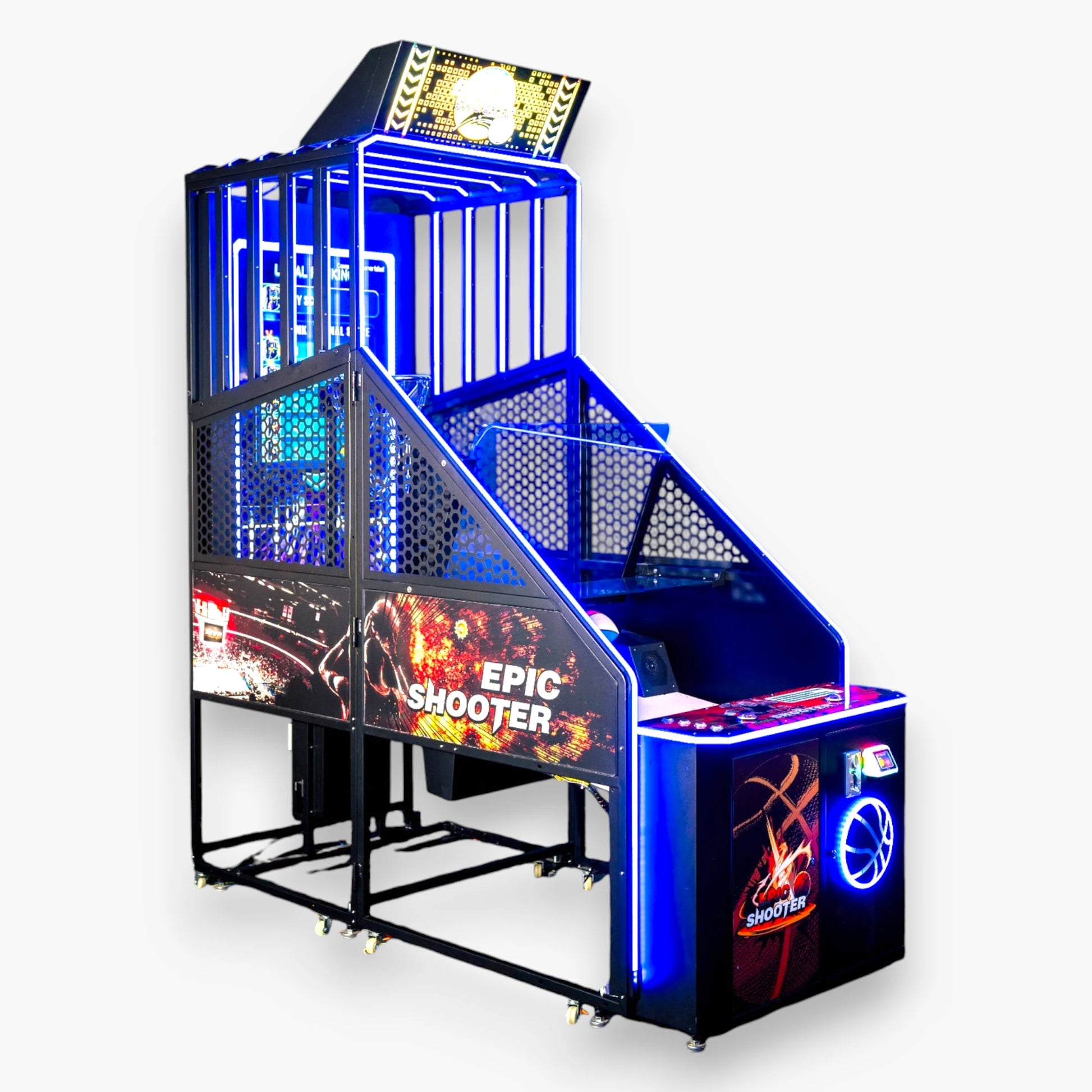 Epic Shooter Basketball Arcade – Multiple Balls Ready, Lower Cabinet with Epic Shooter Artwork and Speaker
