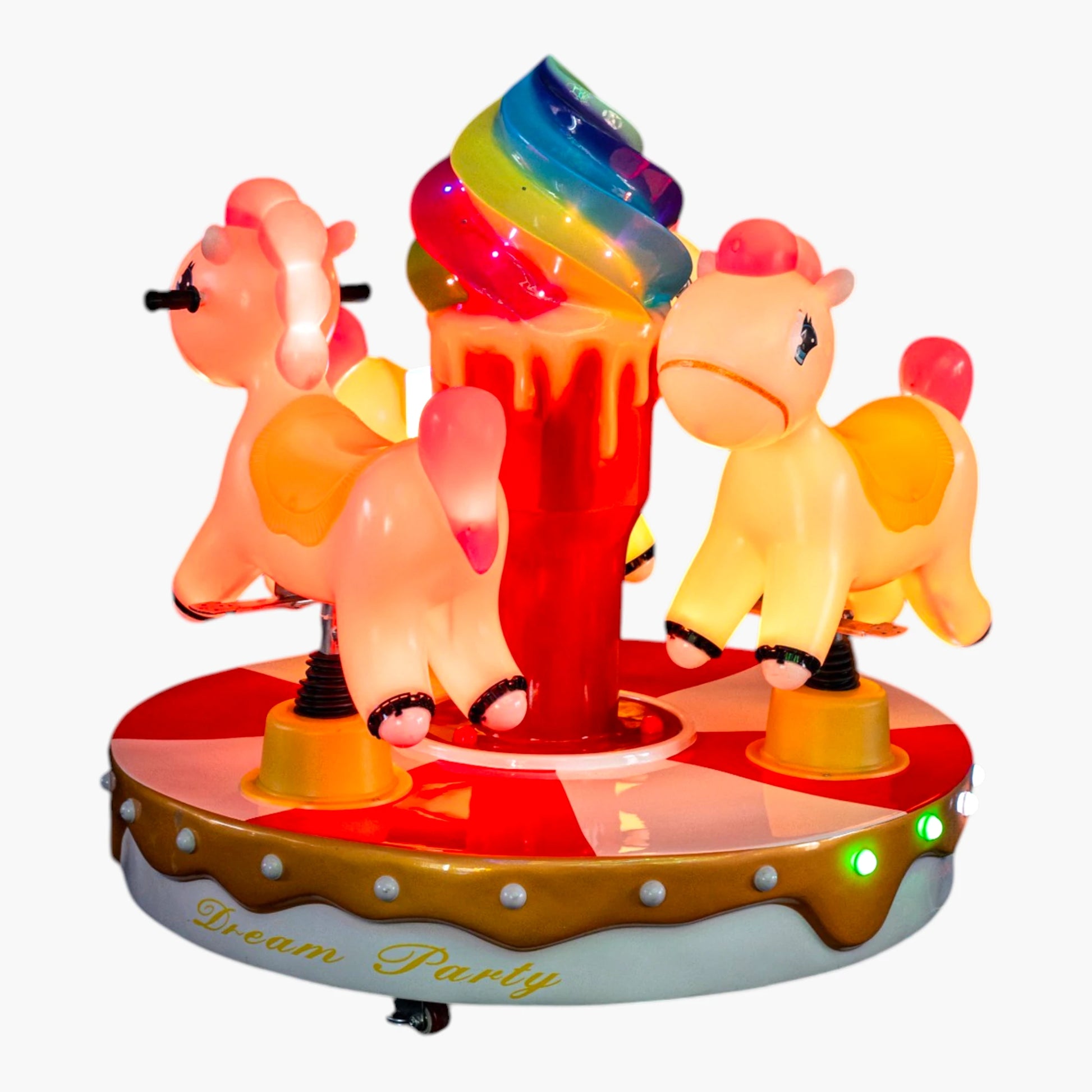 Ice Cream Horse Carousel – Whimsical Horse Figures, Vibrant Ice Cream Cone Column, ABS Plastic and Metal Frame