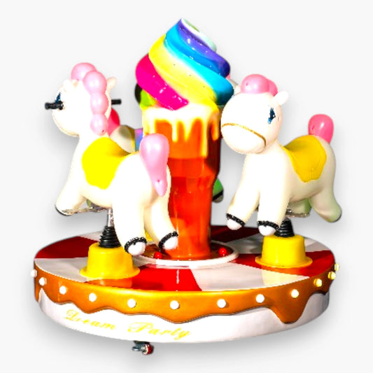 Ice Cream Horse Carousel 3 Seater Kiddie Ride – Coin Operated, Horse Figures, Ice Cream Cone Centerpiece