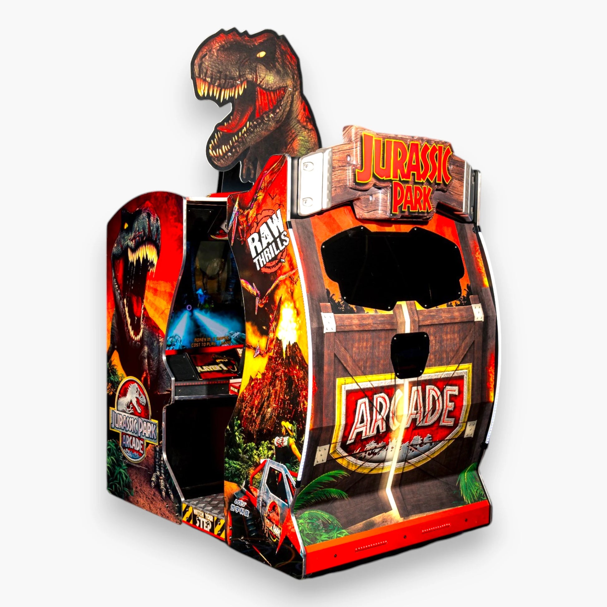 Jurassic Park Arcade – Towering Lighted T-Rex Topper, 1000+ Color-Changing LEDs, Eye-Catching Cabinet Design