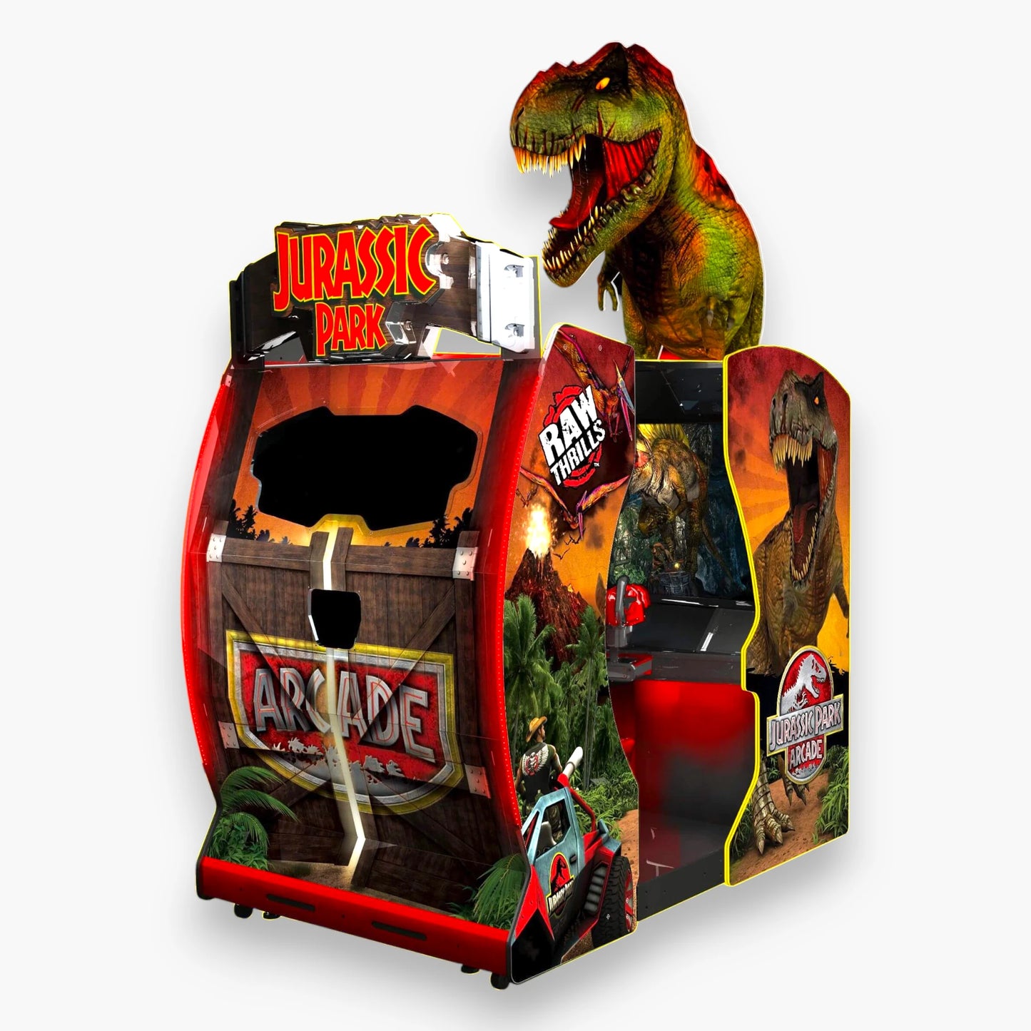 Jurassic Park Arcade Shooter Game – 55 Inch HD LCD Screen, Lighted T-Rex Topper, Glowing Jurassic Logo