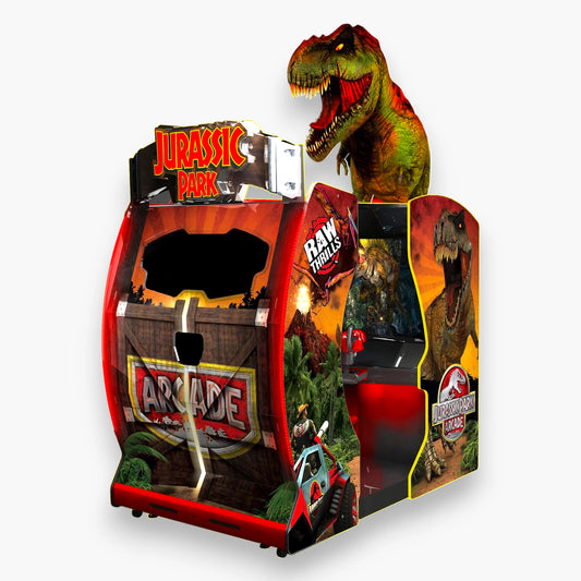Jurassic Park Arcade Shooter Game – 55 Inch HD LCD Screen, Lighted T-Rex Topper, Glowing Jurassic Logo