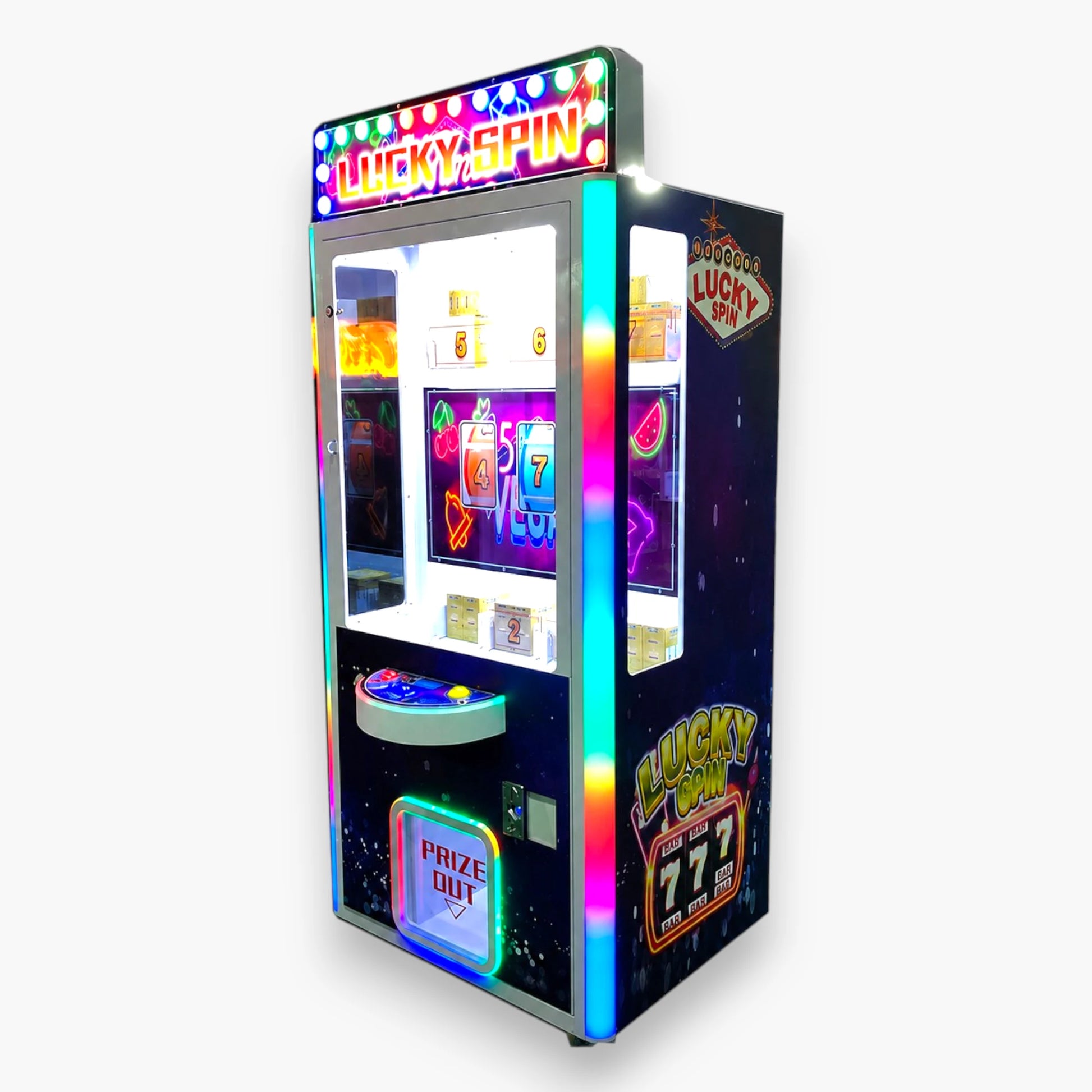 Lucky Spin Prize Redemption Game Machine – Full Metal Cabinet, Tempered Glass, 7 Prize Slots, Coin Operated