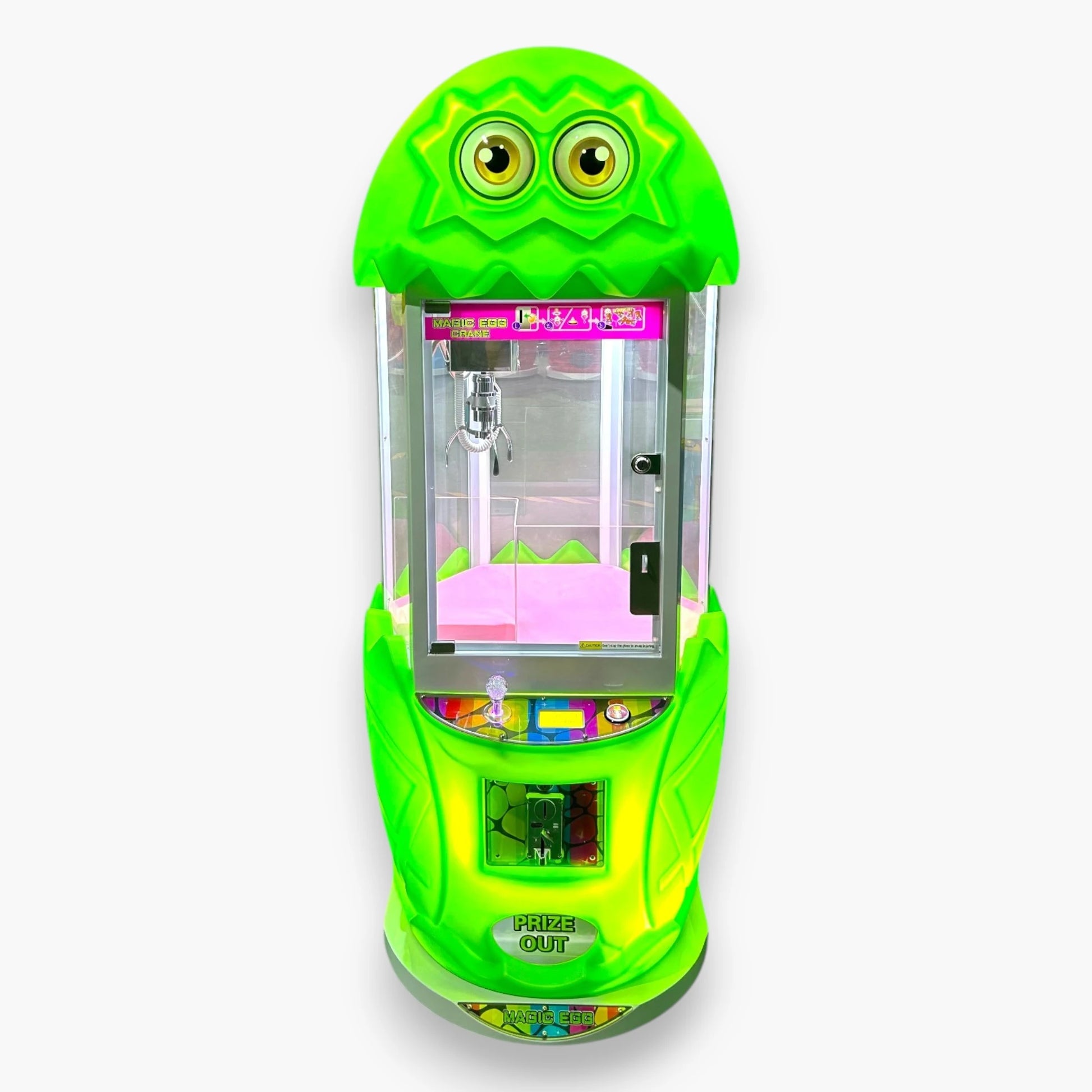 Magic Egg Claw Machine – Green Egg-Shaped Cabinet, Cartoon Eyes, Joystick Claw Controls, Reconditioned