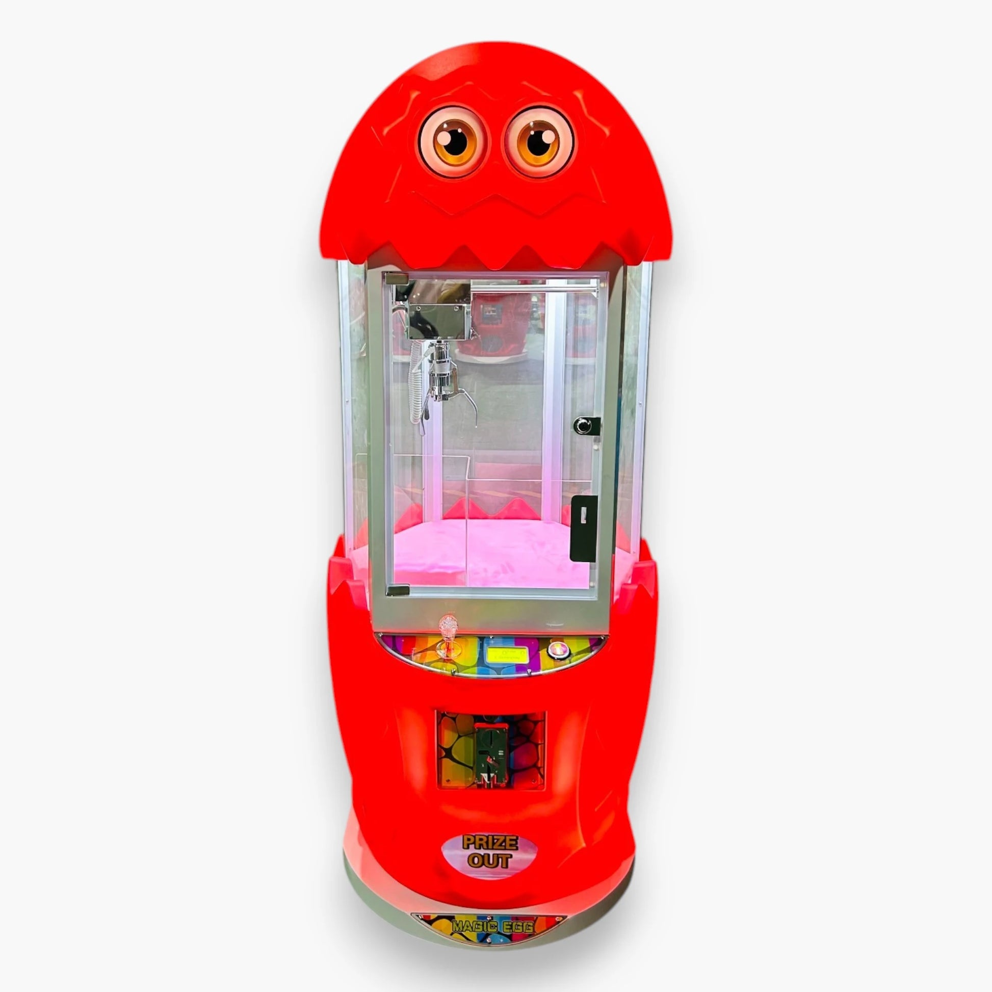 Magic Egg Claw Machine – Red Egg-Shaped Cabinet, Cartoon Eyes, Joystick Claw Controls, Reconditioned