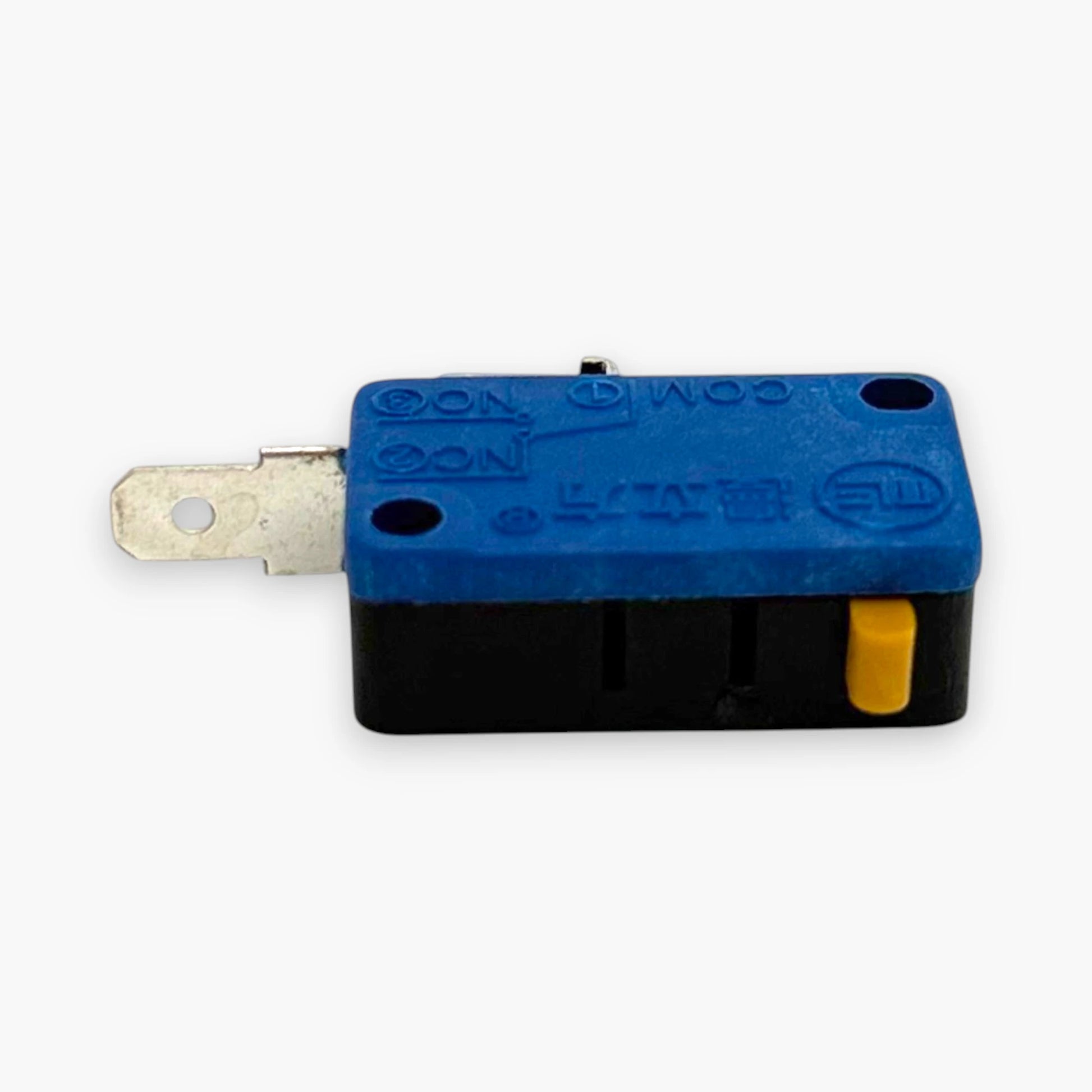 Side view of 2-terminal arcade micro switch with COM and NO metal terminals for push button controls