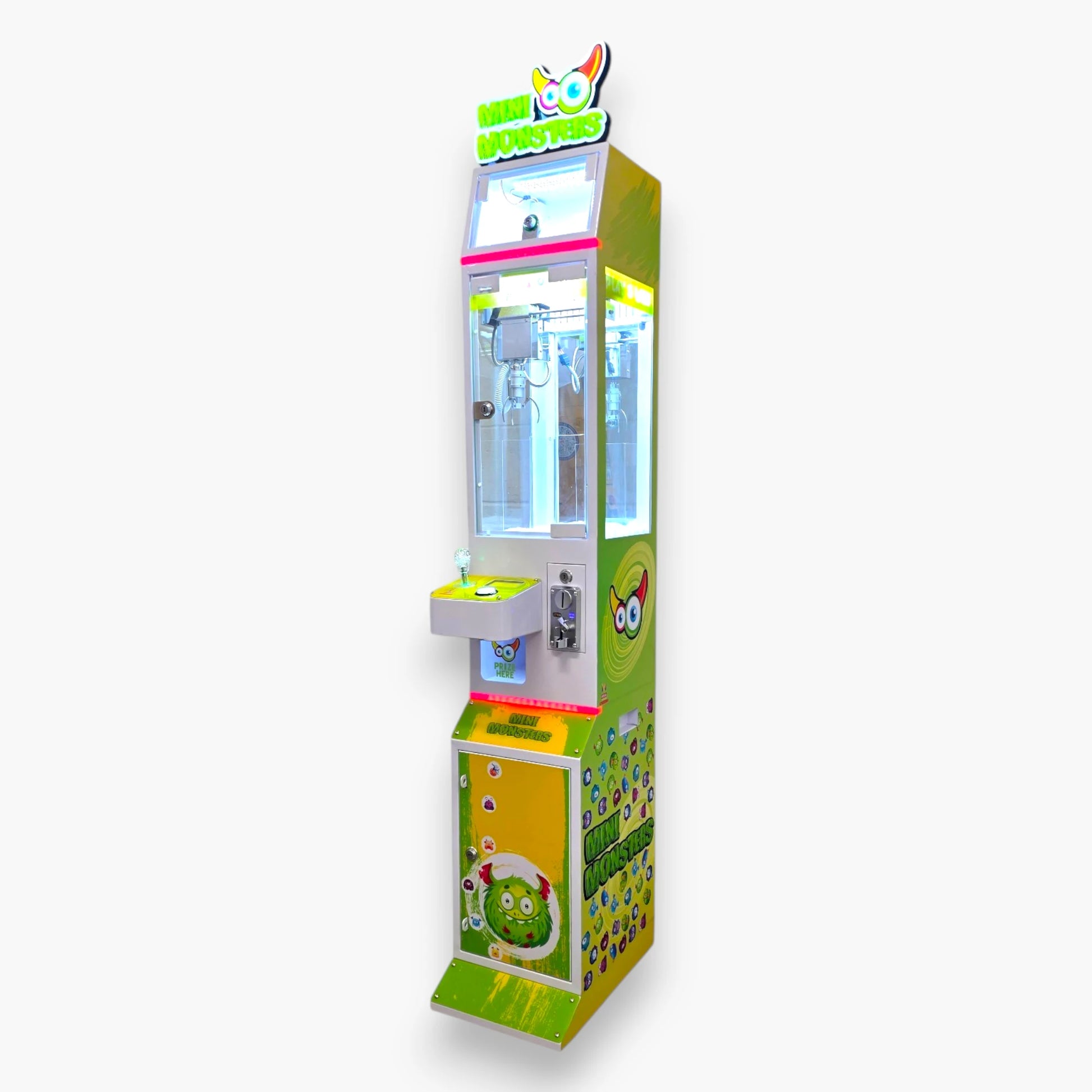 Mini Monsters Claw Machine – Clear Top Window Shows Prize Pool, Accepts Capsules Plush Toys Balls and Gift Rolls