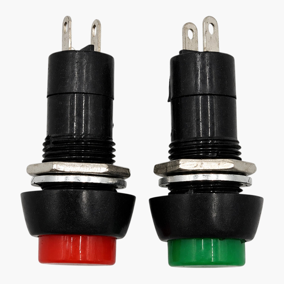 PBS-11B push-button switches shown upright with threaded black bodies, metal mounting nuts, and two terminals red and green color

