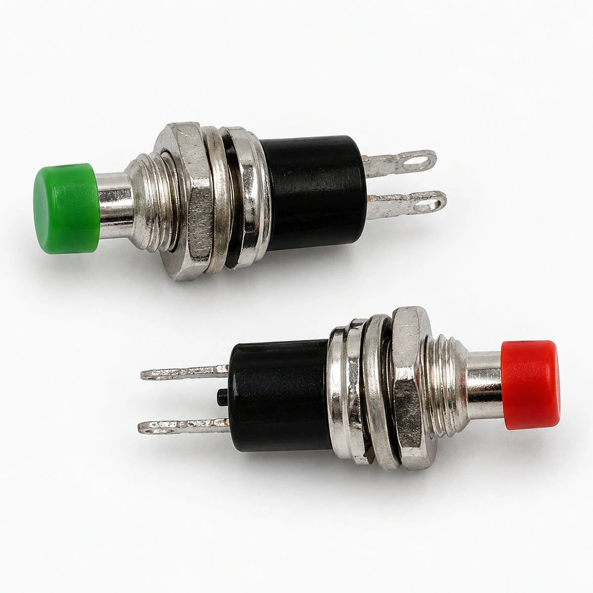 Side view of two PBS-110 panel mount switches with extended red and green buttons.
