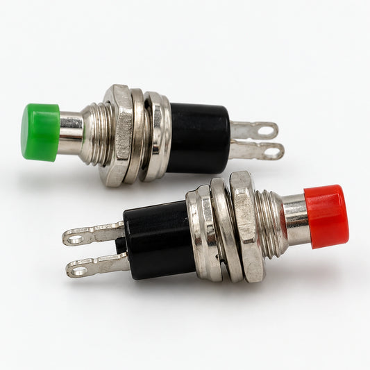 Red and green PBS-110 push button switches with extended plungers and threaded metal mounting sections.