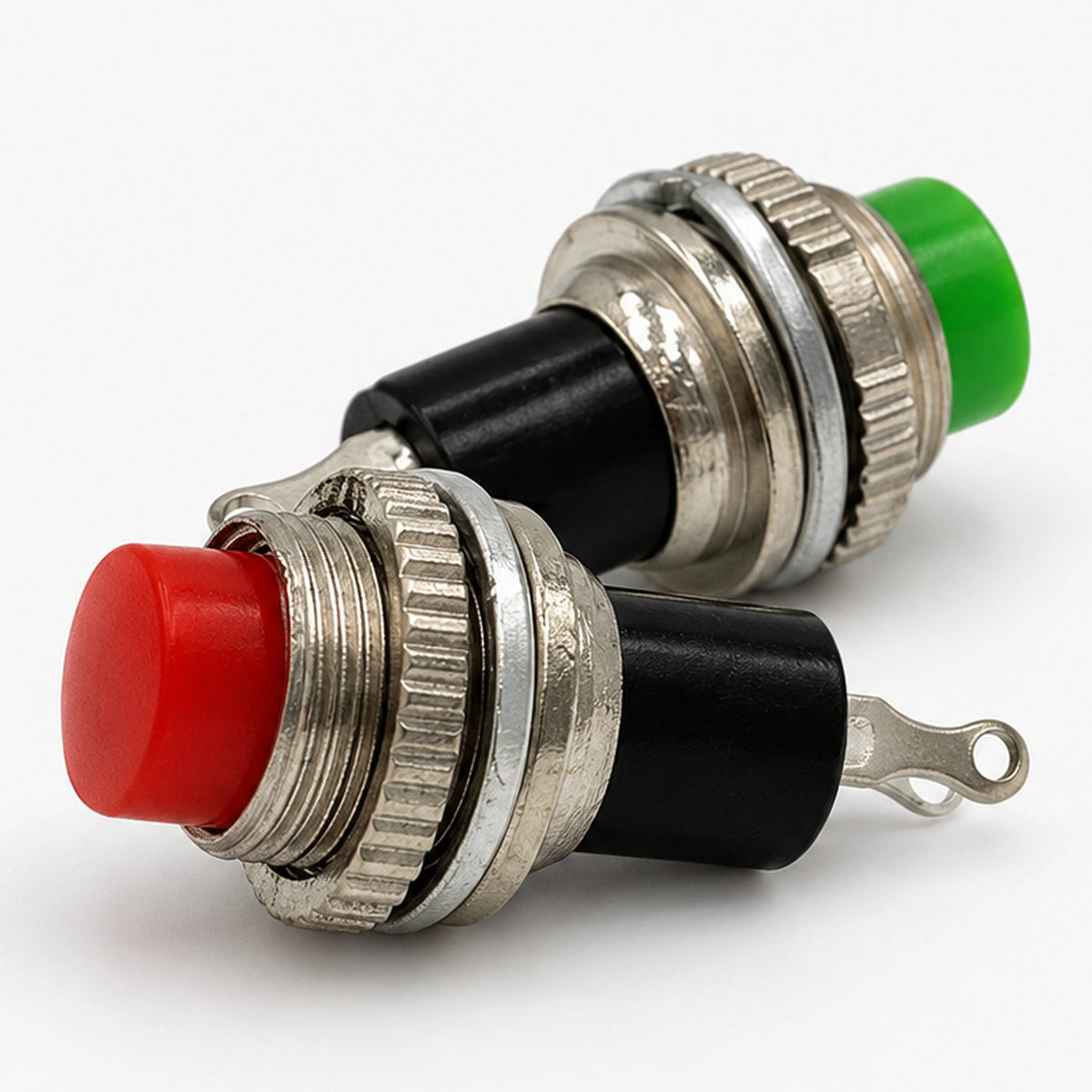 Two PS-314 panel mount push button switches with silver-colored housings and colored plastic buttons.