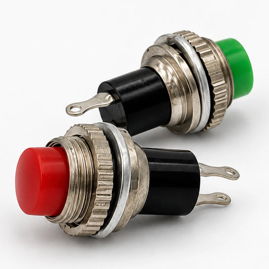 Red and green PS-314 push button switches with threaded metal housings and two solder terminals.