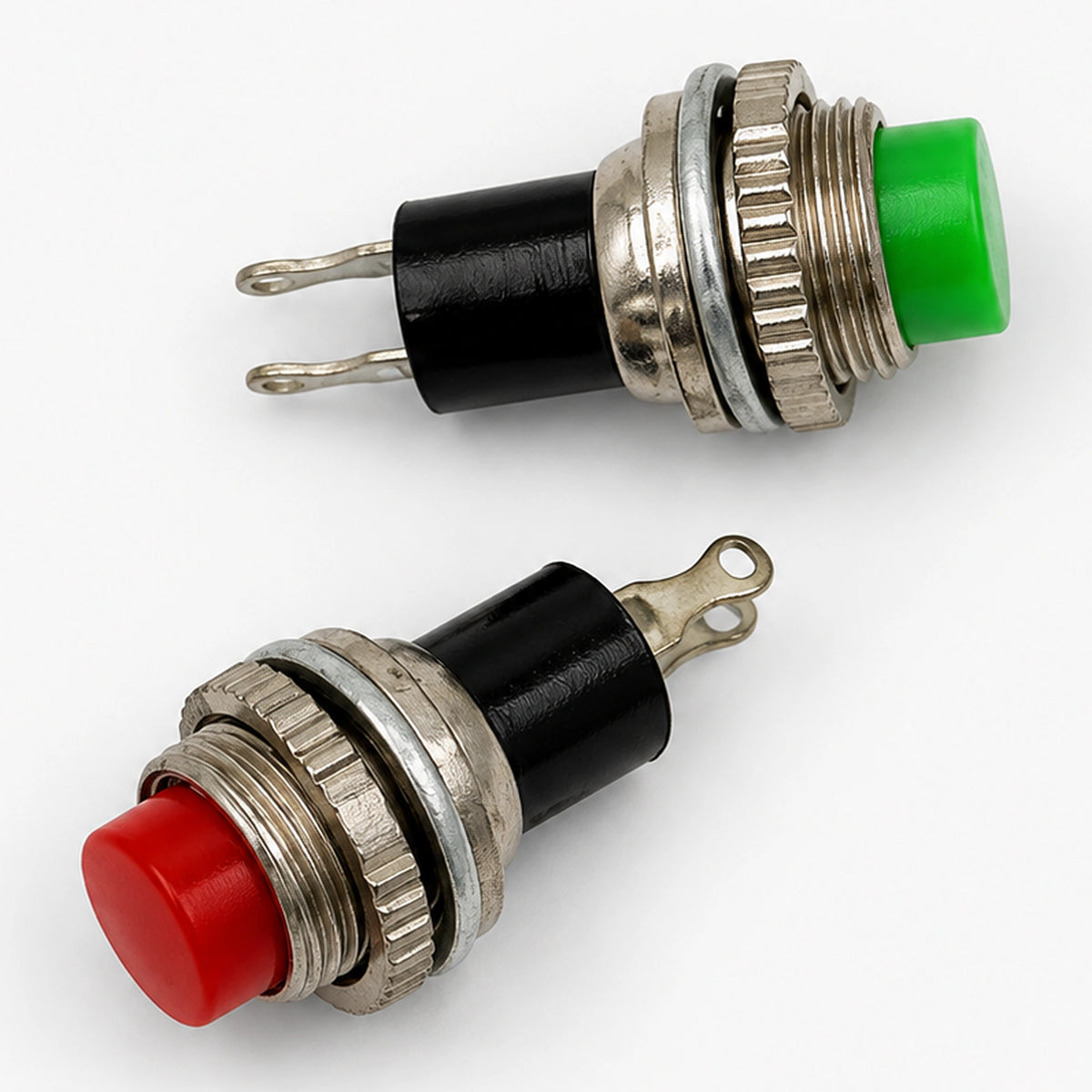 PS-314 metal push button switches showing red and green buttons, retaining nuts and washers.