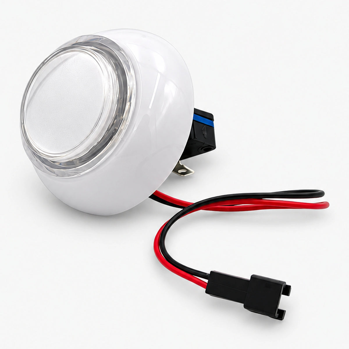 60mm white RGB arcade push button with micro switch and red-black wire connector, side view