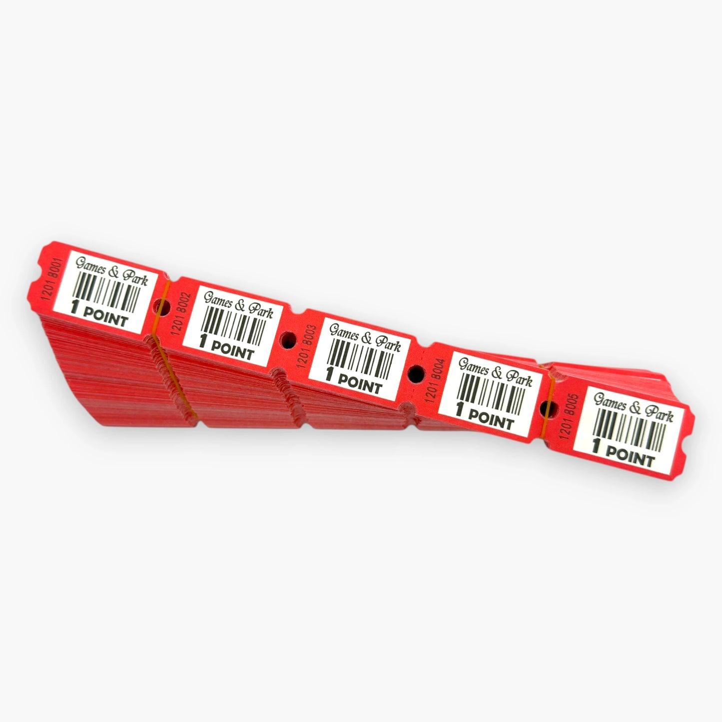Arcade Redemption Ticket – 7-Digit Security Code, Barcode for Tracking, Perforated, 2 x 1.25 Inch Standard Size - Red&White
