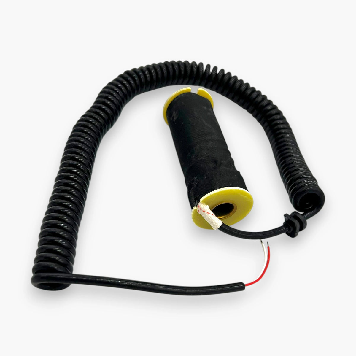 Large claw machine replacement coil with yellow end flanges, brass-lined bore, and black coiled cable