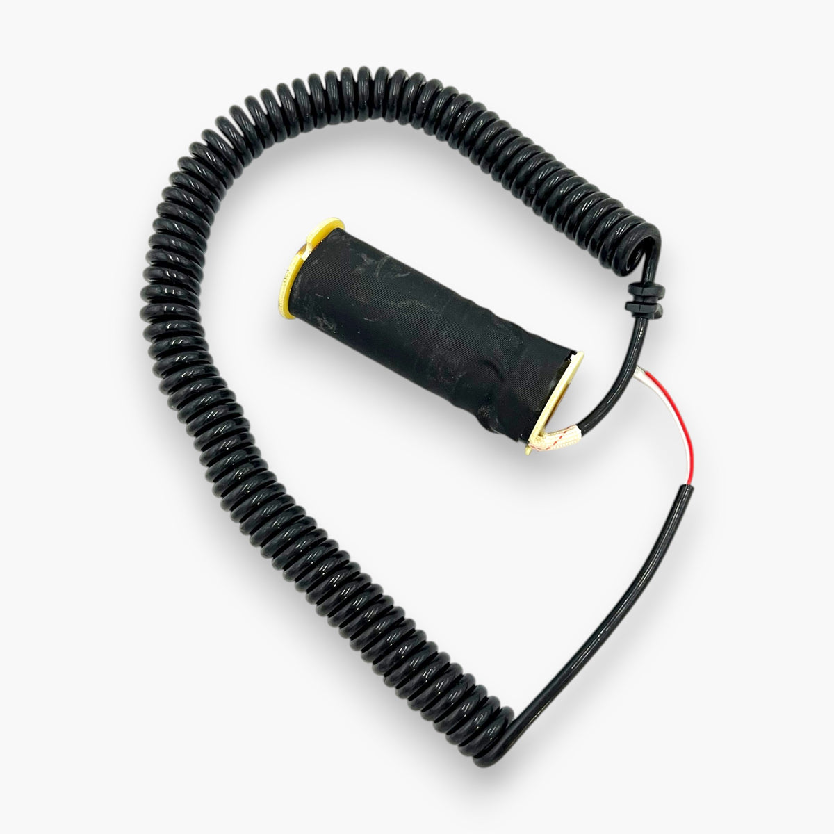 48V crane claw solenoid coil with coiled 2-wire cable and bare red and white wire ends