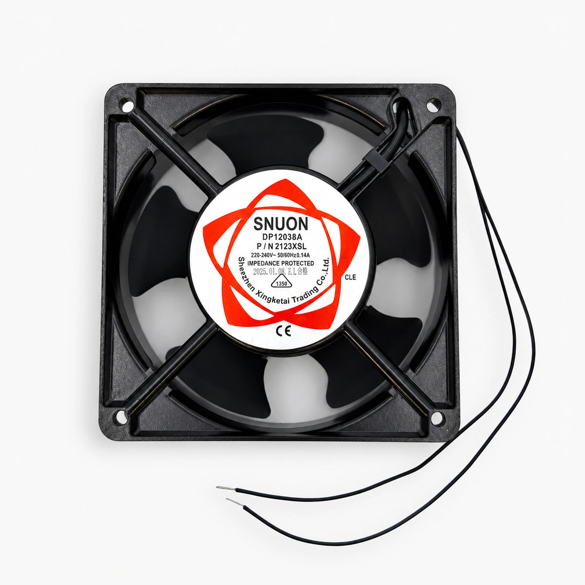 SNUON DP12038A 120x120x38mm 220-240V AC axial cooling fan with metal frame and wire leads