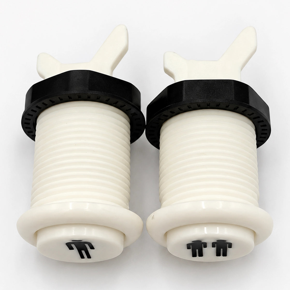 Two white arcade start buttons showing threaded bodies and black mounting nuts.